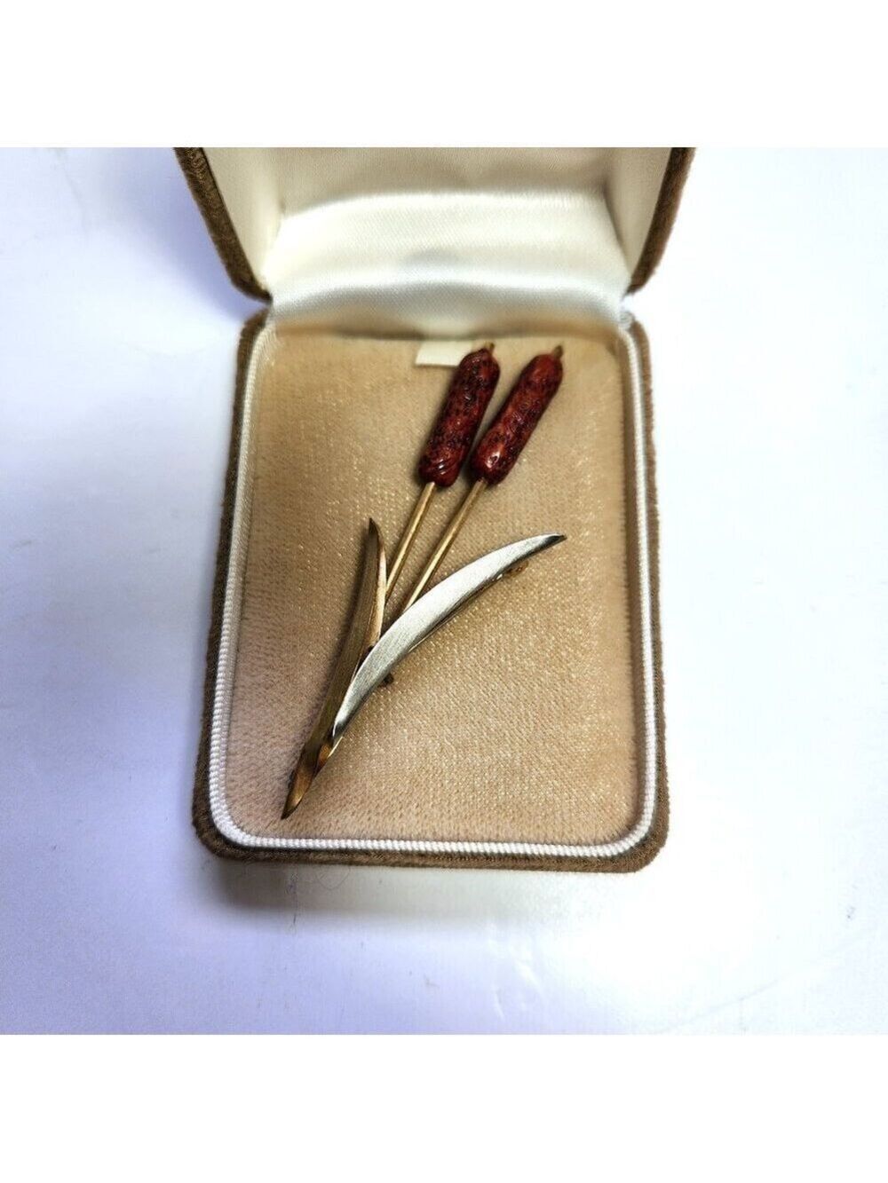 Cattails Brooch Vintage Pin Two Toned Leaves Floral Embellished Cattails